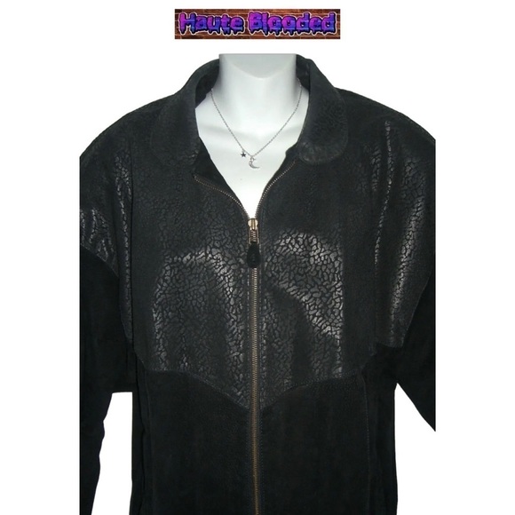 Vintage 90's Stefano Black Suede Leather Bomber Jacket Print Retro Plus 16 Goth - Picture 8 of 13